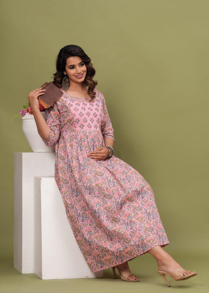 New Exclusive Cotton Cambric Floral Printed With Zip Design Maternity Gawn