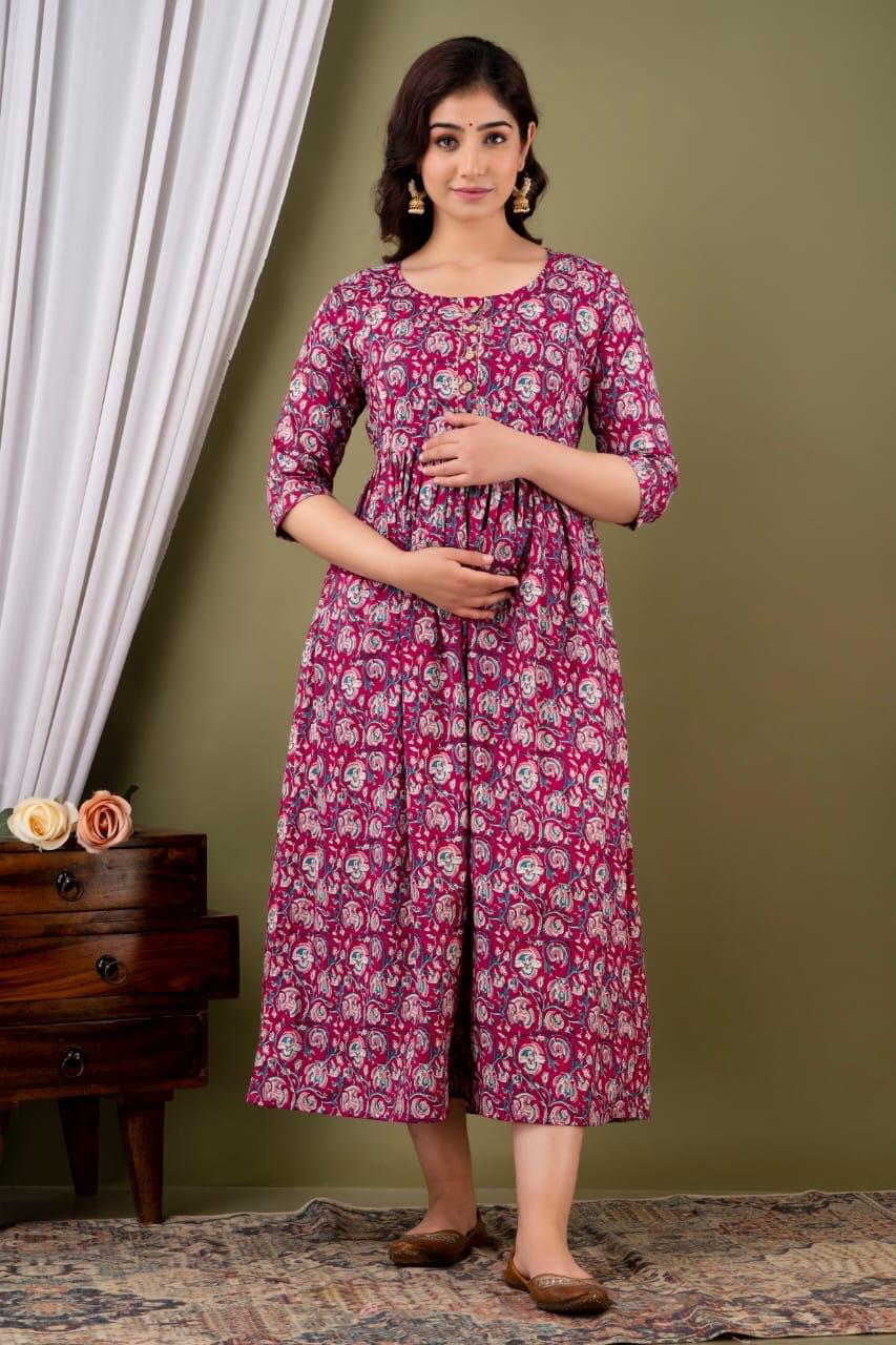 New Exclusive Cotton Cambric Floral Printed With Zip Design Maternity Gawn