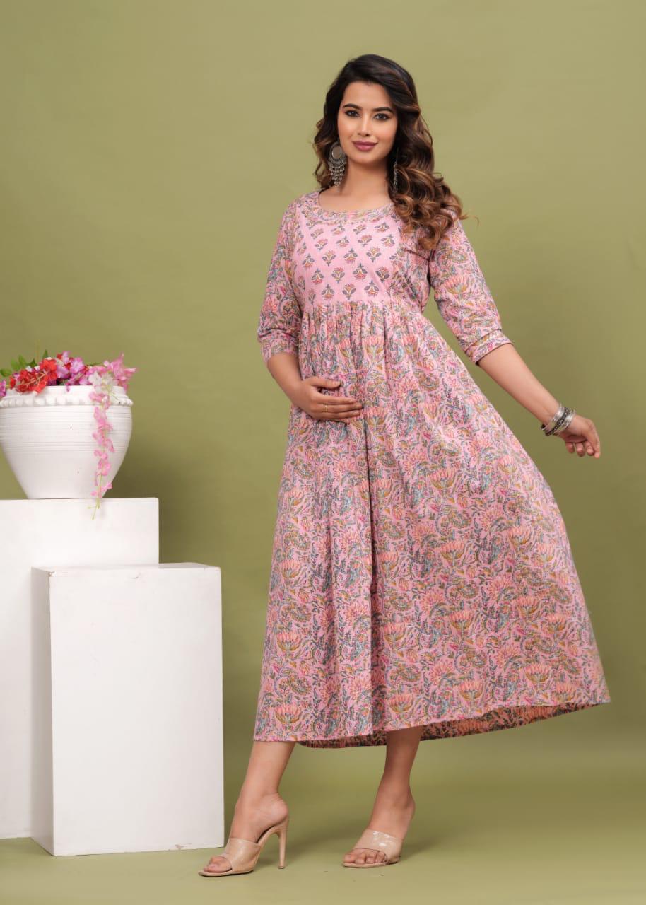 New Exclusive Cotton Cambric Floral Printed With Zip Design Maternity Gawn