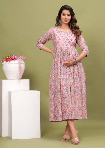 New Exclusive Cotton Cambric Floral Printed With Zip Design Maternity Gawn