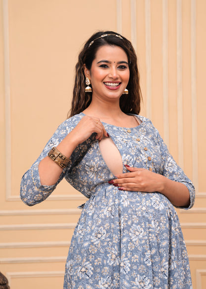 New Exclusive Cotton Cambric Floral Printed With Zip Design Maternity Gawn