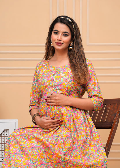 New Exclusive Cotton Cambric Floral Printed With Zip Design Maternity Gawn