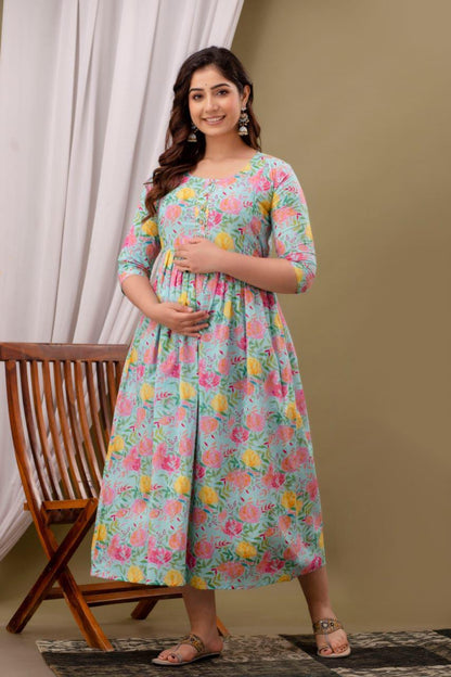 New Exclusive Cotton Cambric Floral Printed With Zip Design Maternity Gawn