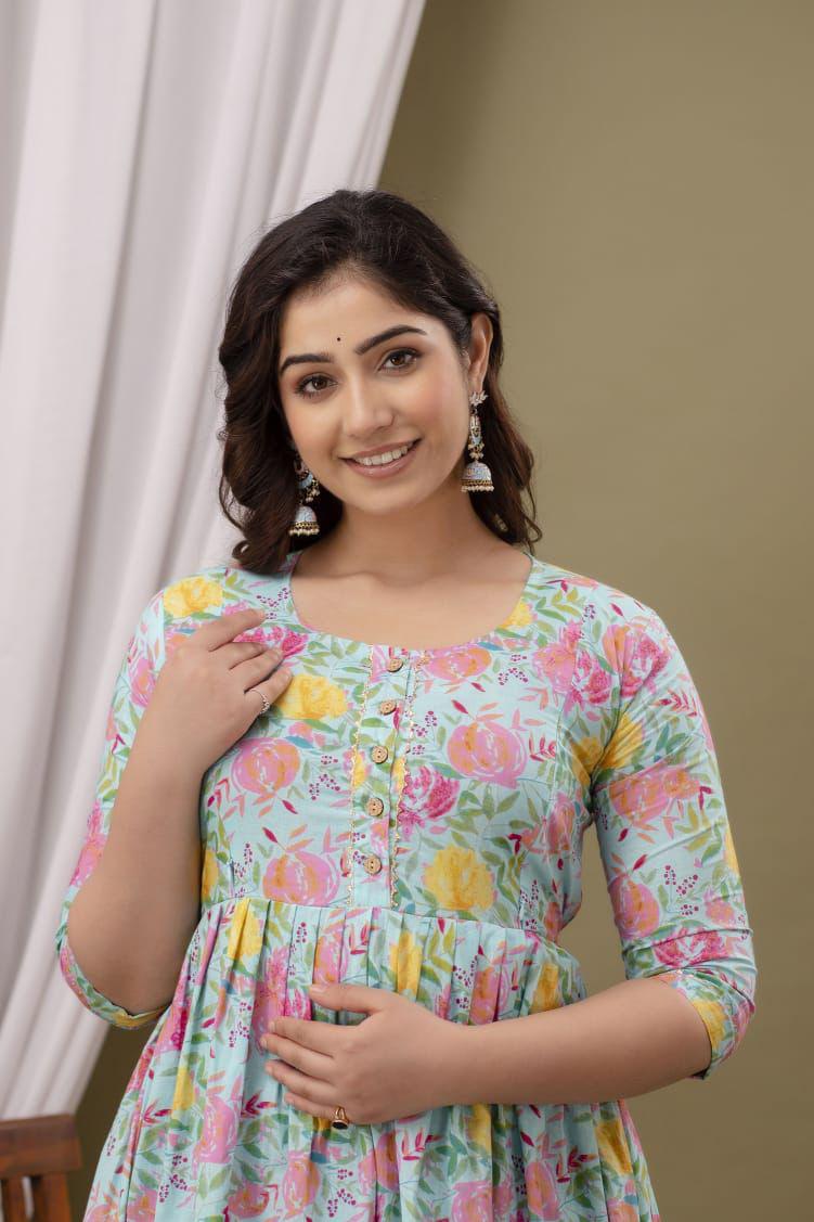 New Exclusive Cotton Cambric Floral Printed With Zip Design Maternity Gawn