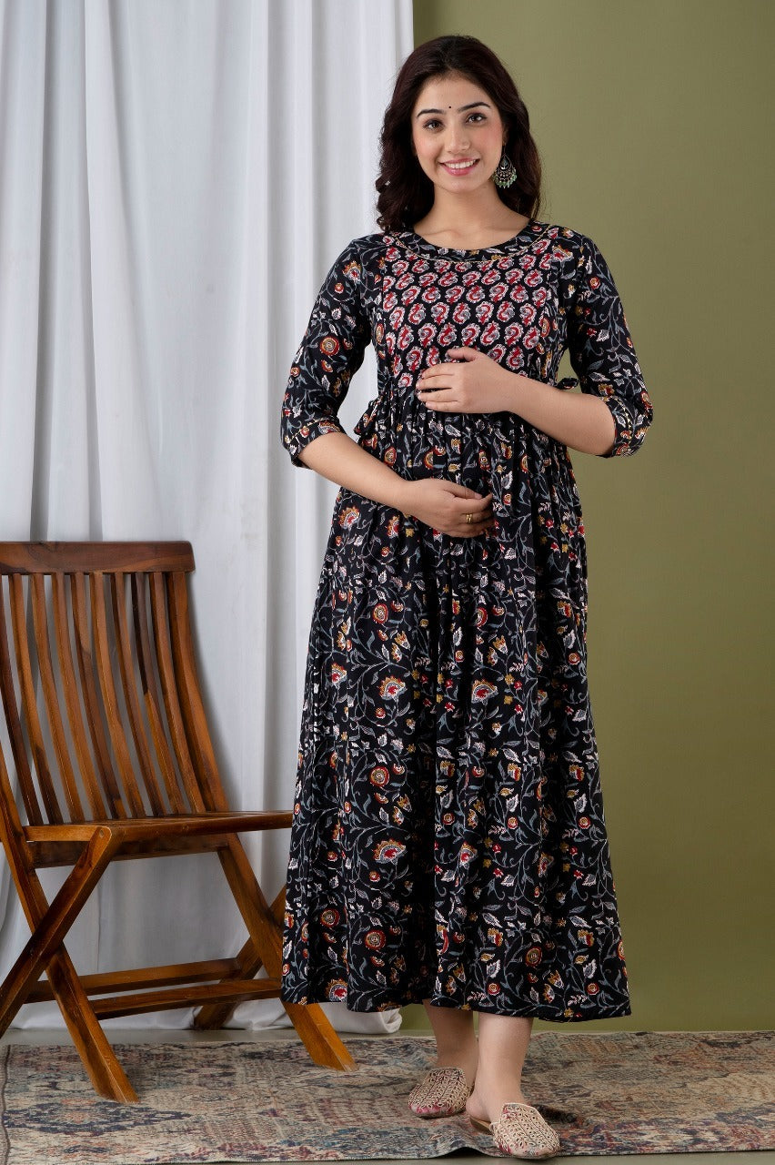 New Exclusive Cotton Cambric Floral Printed With Zip Design Maternity Gawn