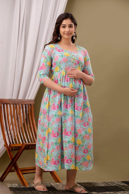 New Exclusive Cotton Cambric Floral Printed With Zip Design Maternity Gawn