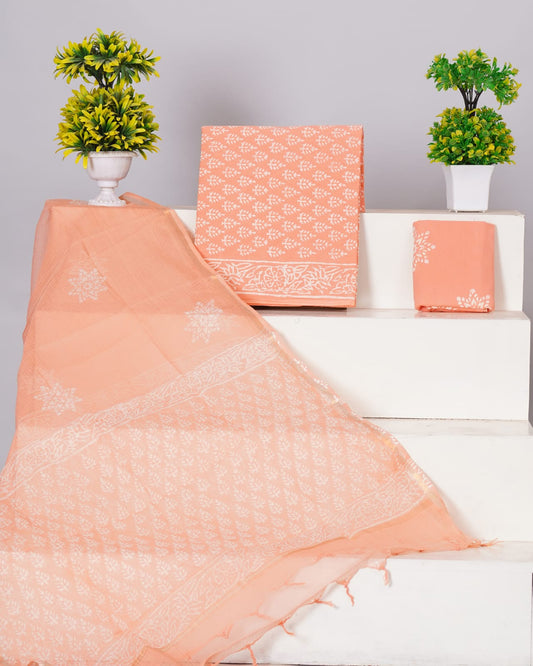 Pure Cotton Unstitched Suit With Pure Kota Doria Dupatta With Jari Border