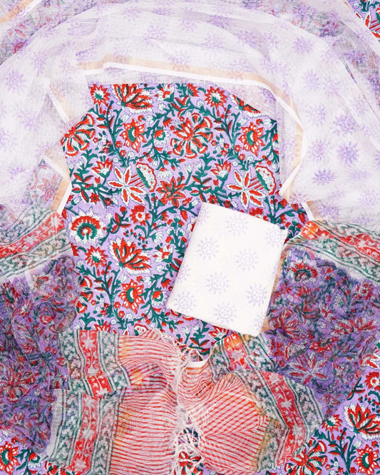 Pure Cotton Unstitched Suit With Pure Kota Doria Dupatta With Jari Border