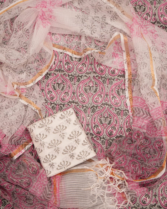 Pure Cotton Unstitched Suit With Pure Kota Doria Dupatta With Jari Border