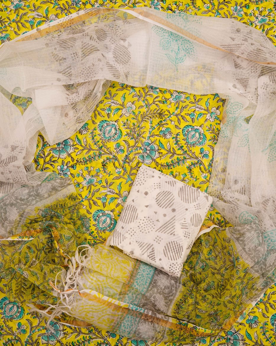 Pure Cotton Unstitched Suit With Pure Kota Doria Dupatta With Jari Border