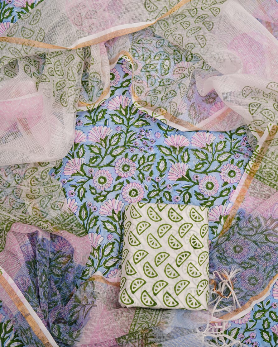 Pure Cotton Unstitched Suit With Pure Kota Doria Dupatta With Jari Border