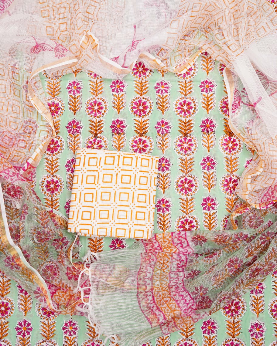 Pure Cotton Unstitched Suit With Pure Kota Doria Dupatta With Jari Border