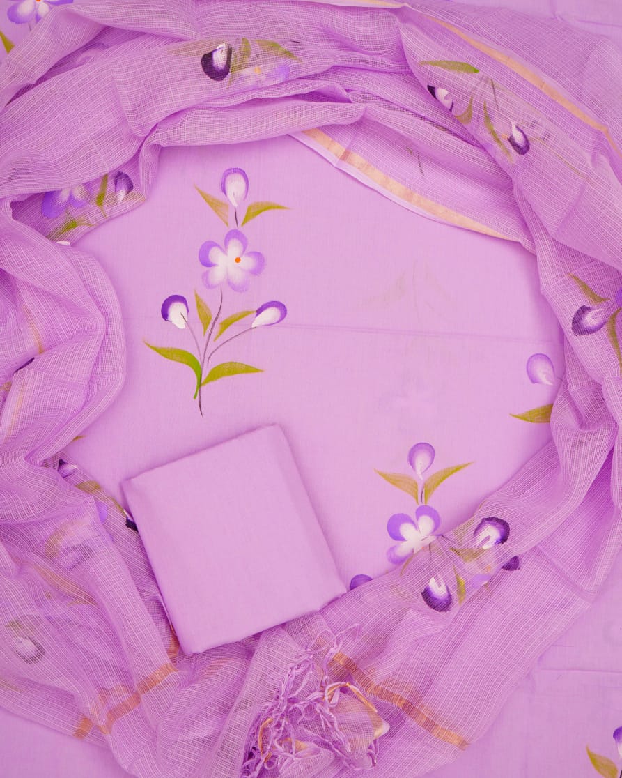 Pure Cotton Unstitched Suit With Pure Kota Doria Dupatta With Jari Border