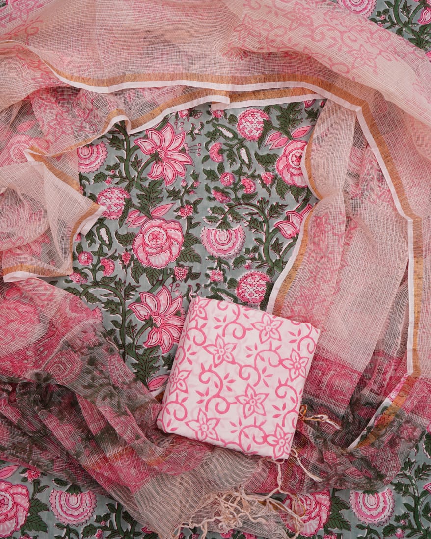 Pure Cotton Unstitched Suit With Pure Kota Doria Dupatta With Jari Border