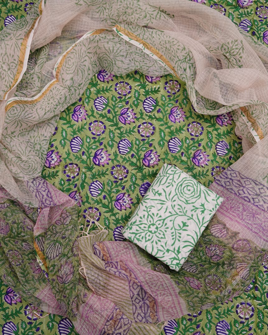 Pure Cotton Unstitched Suit With Pure Kota Doria Dupatta With Jari Border