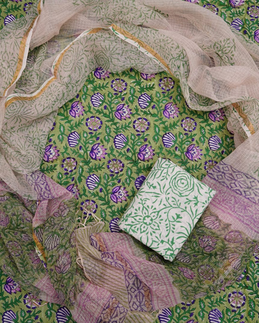 Pure Cotton Unstitched Suit With Pure Kota Doria Dupatta With Jari Border