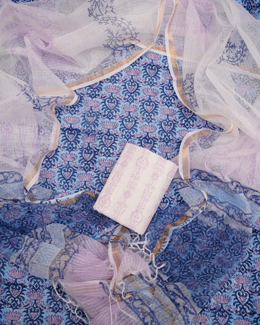 Pure Cotton Unstitched Suit With Pure Kota Doria Dupatta With Jari Border