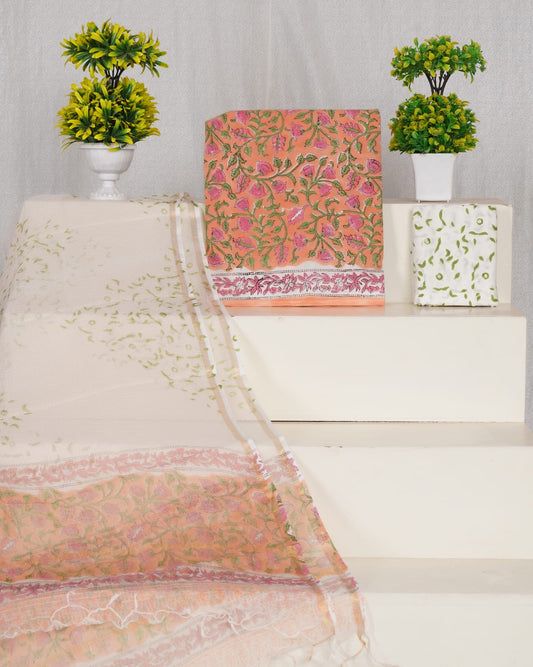 Pure Cotton Unstitched Suit With Pure Kota Doria Dupatta With Jari Border