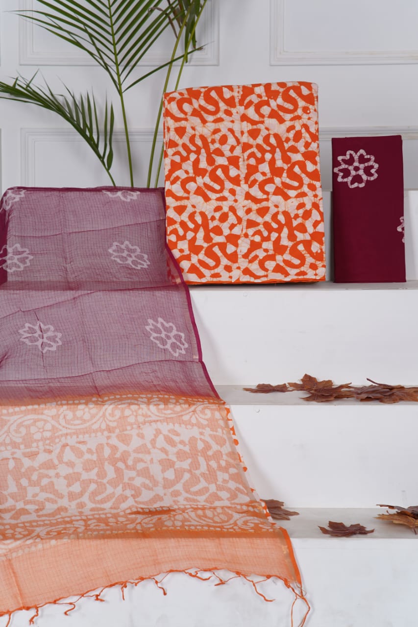 Pure Cotton Unstitched Suit With Pure Kota Doria Dupatta With Jari Border