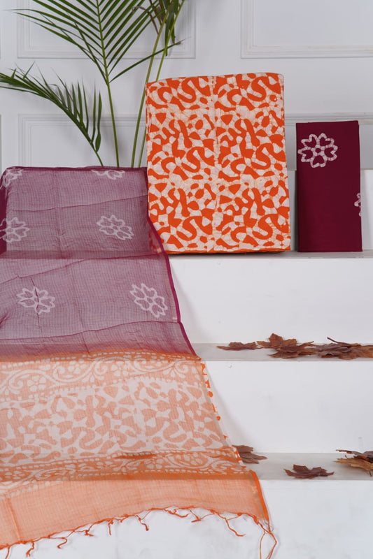 Pure Cotton Unstitched Suit With Pure Kota Doria Dupatta With Jari Border