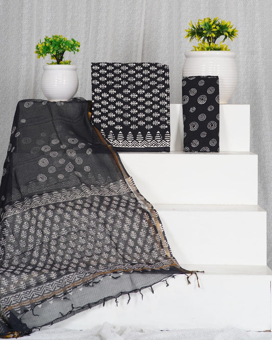 Pure Cotton Unstitched Suit With Pure Kota Doria Dupatta With Jari Border