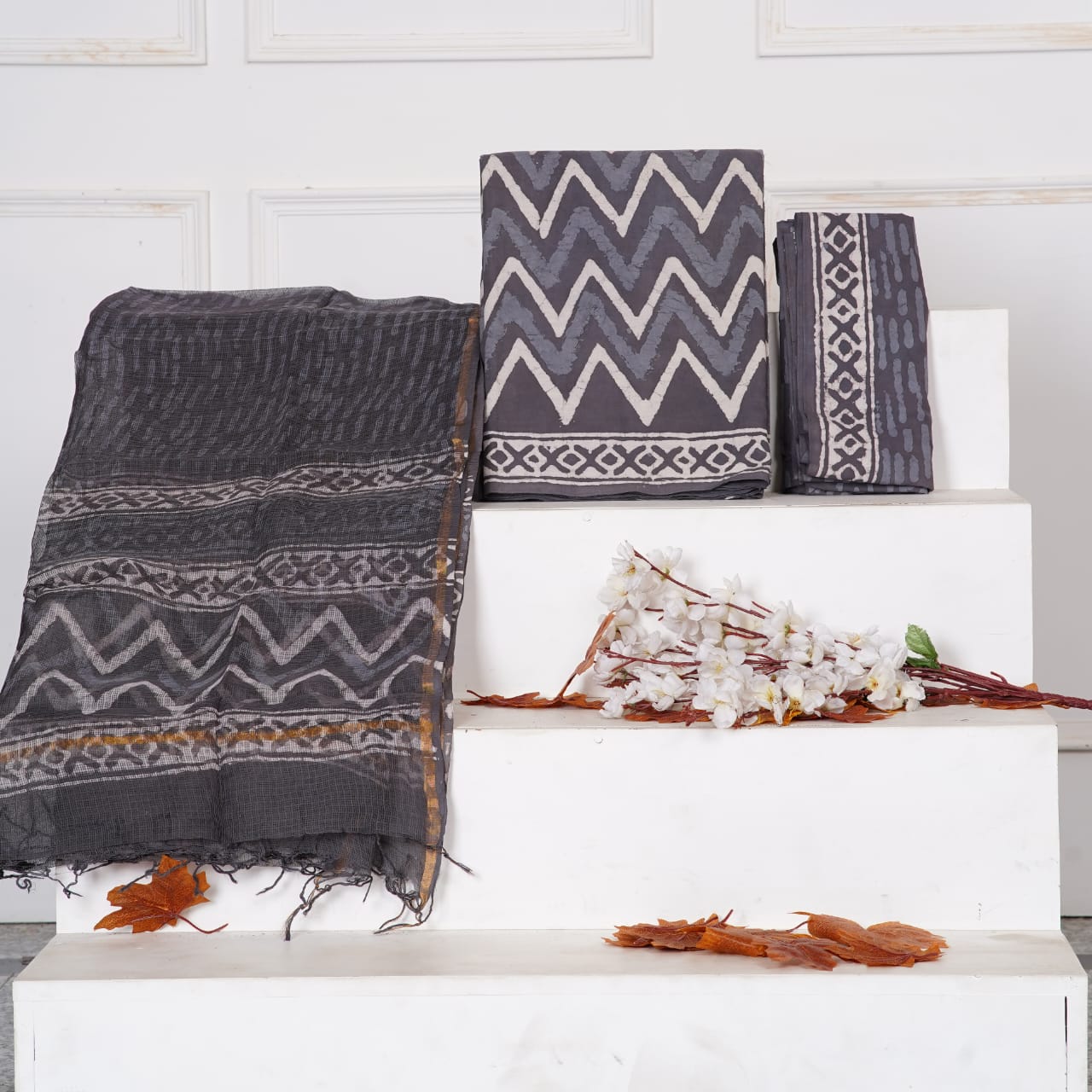 Pure Cotton Unstitched Suit With Pure Kota Doria Dupatta With Jari Border