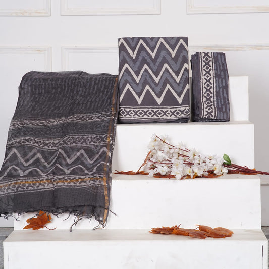 Pure Cotton Unstitched Suit With Pure Kota Doria Dupatta With Jari Border