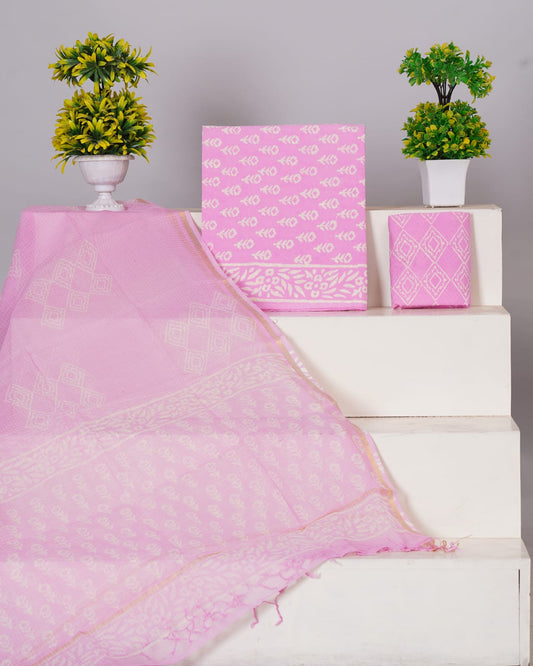 Pure Cotton Unstitched Suit With Pure Kota Doria Dupatta With Jari Border