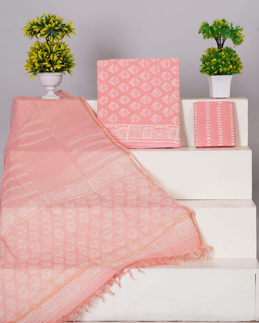 Pure Cotton Unstitched Suit With Pure Kota Doria Dupatta With Jari Border