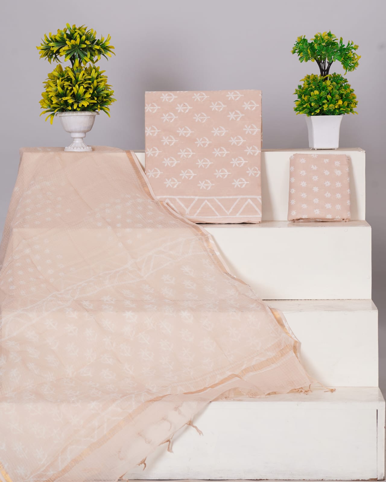 Pure Cotton Unstitched Suit With Pure Kota Doria Dupatta With Jari Border