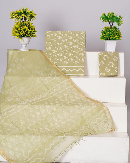 Pure Cotton Unstitched Suit With Pure Kota Doria Dupatta With Jari Border