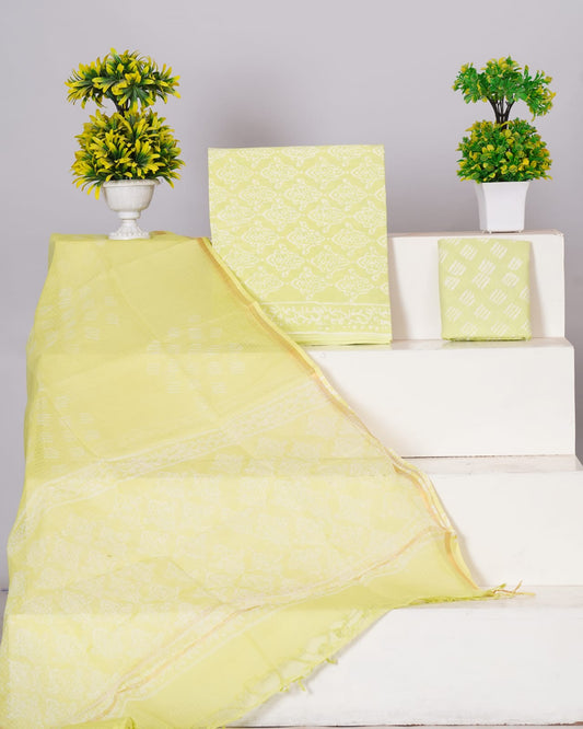 Pure Cotton Unstitched Suit With Pure Kota Doria Dupatta With Jari Border