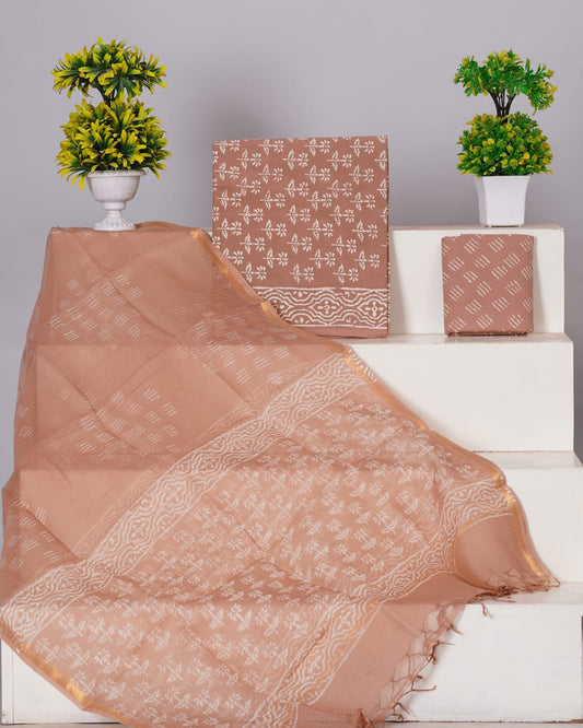 Pure Cotton Unstitched Suit With Pure Kota Doria Dupatta With Jari Border