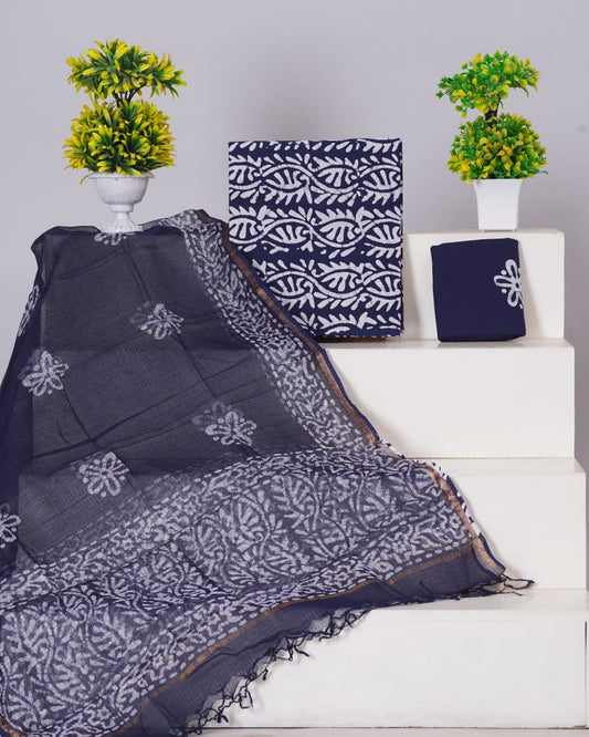 Pure Cotton Unstitched Suit With Pure Kota Doria Dupatta With Jari Border