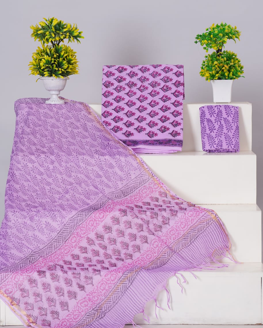 Pure Cotton Unstitched Suit With Pure Kota Doria Dupatta With Jari Border