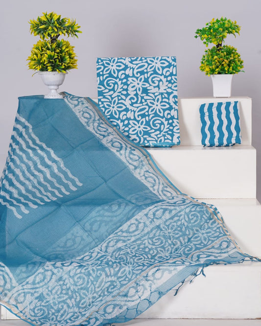 Pure Cotton Unstitched Suit With Pure Kota Doria Dupatta With Jari Border