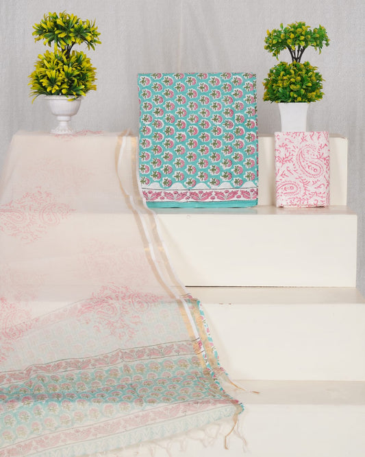 Pure Cotton Unstitched Suit With Pure Kota Doria Dupatta With Jari Border