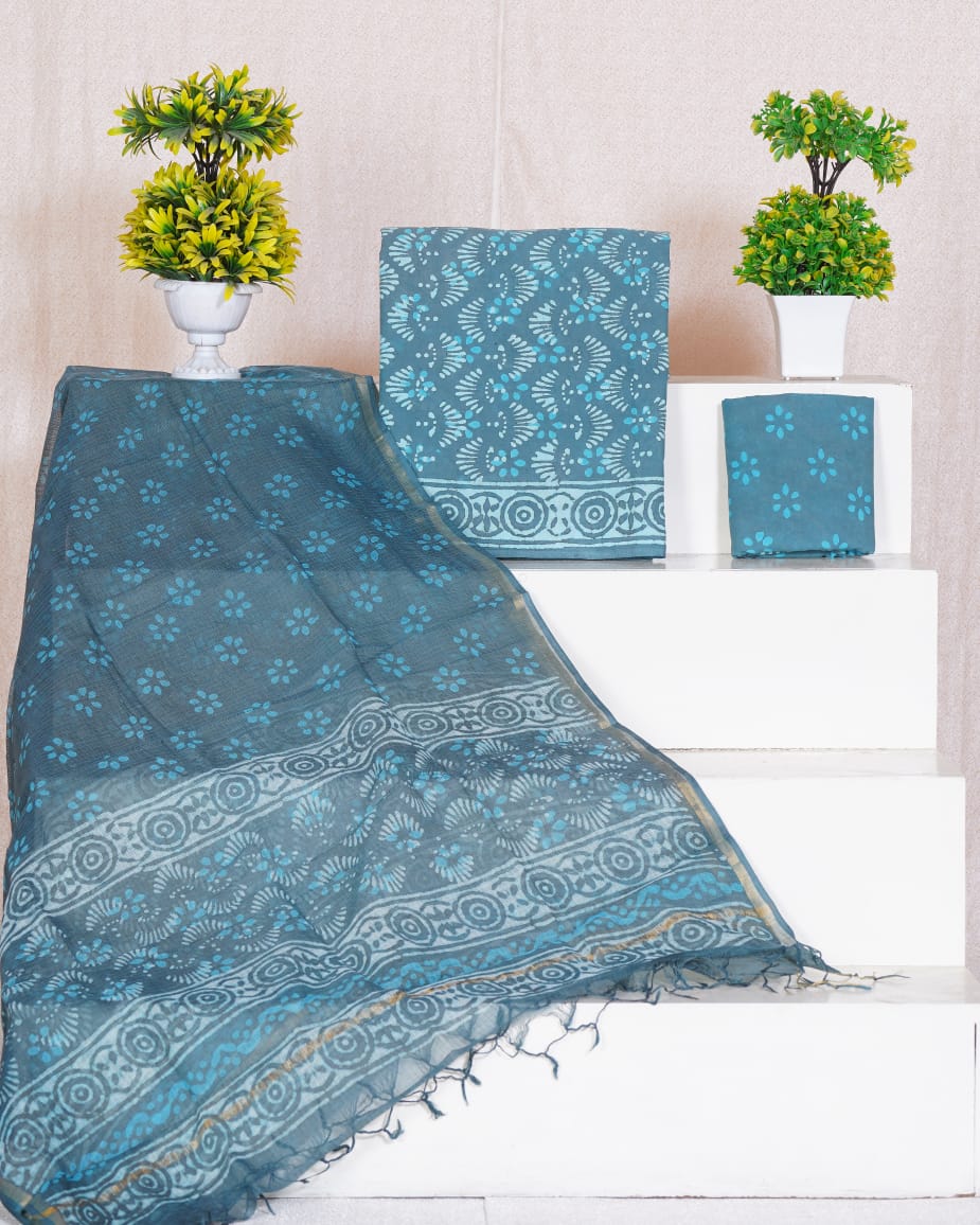 Pure Cotton Unstitched Suit With Pure Kota Doria Dupatta With Jari Border