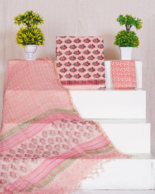 Pure Cotton Unstitched Suit With Pure Kota Doria Dupatta With Jari Border