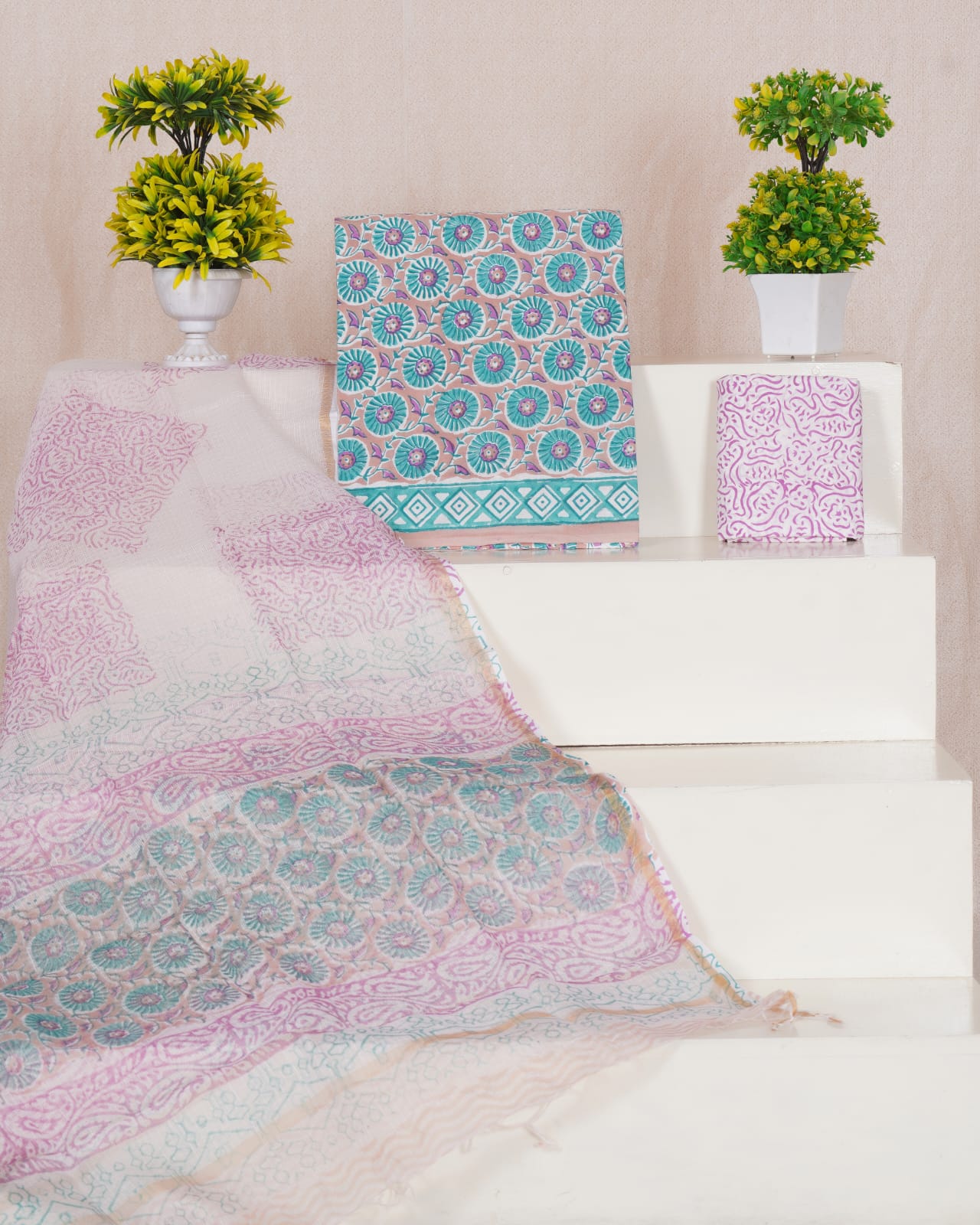 Pure Cotton Unstitched Suit With Pure Kota Doria Dupatta With Jari Border