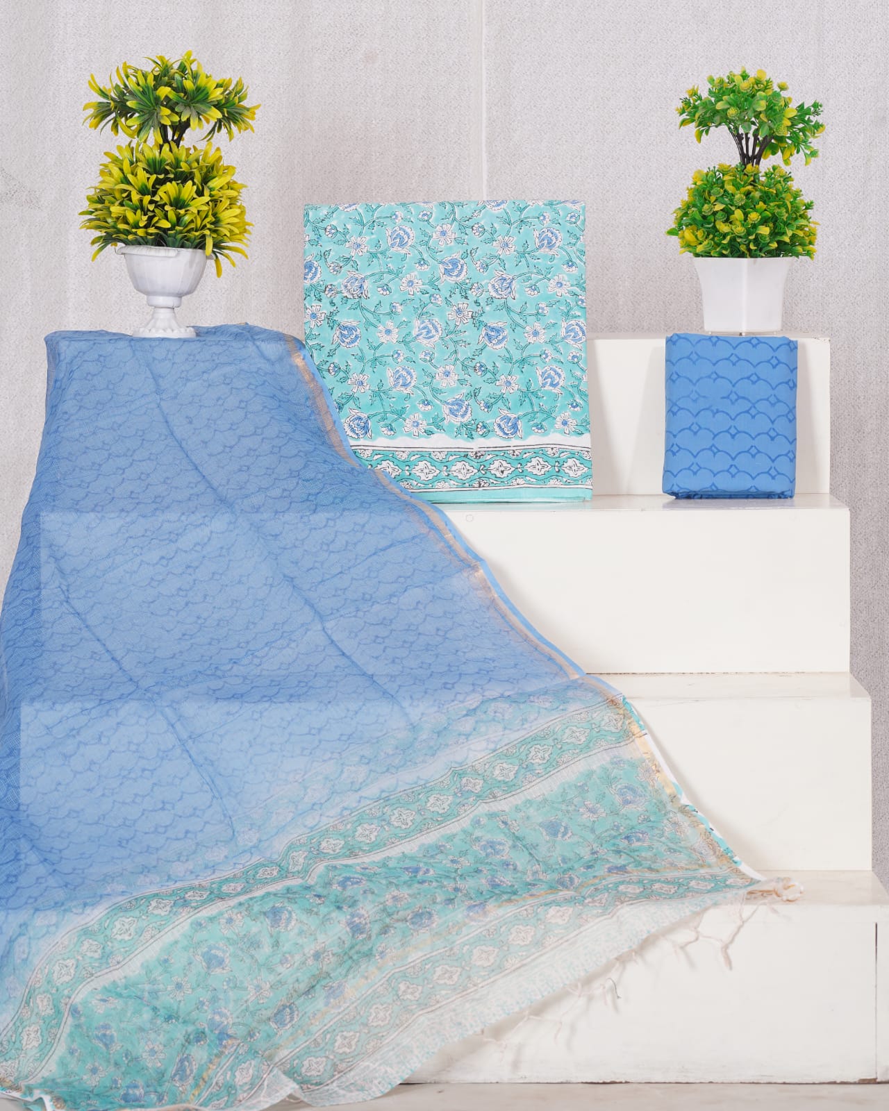 Pure Cotton Unstitched Suit With Pure Kota Doria Dupatta With Jari Border