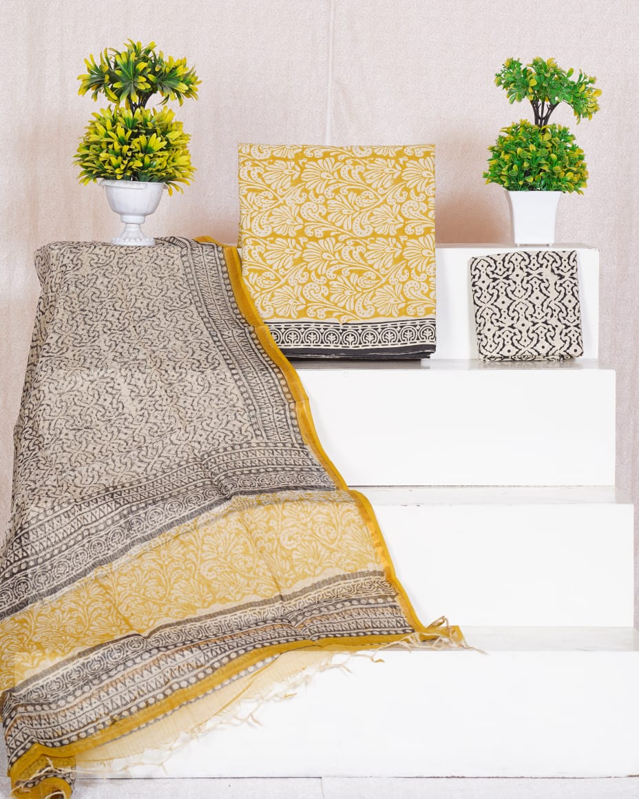 Pure Cotton Unstitched Suit With Pure Kota Doria Dupatta With Jari Border