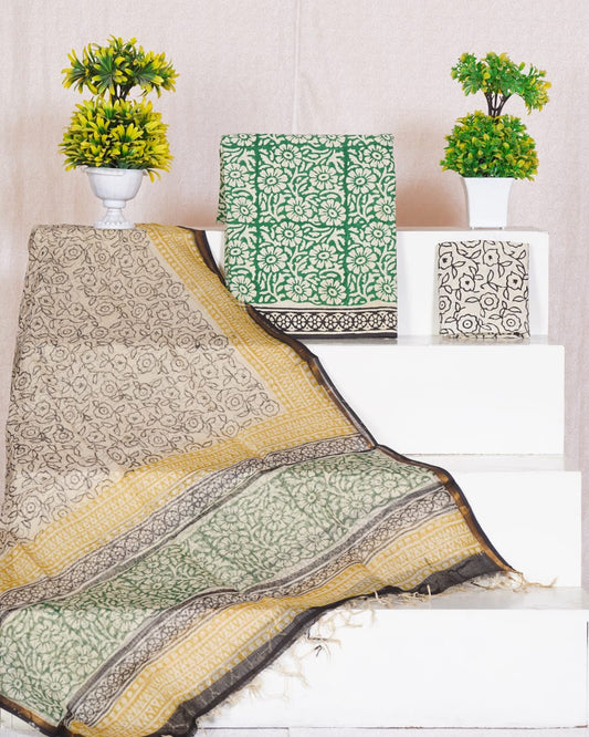 Pure Cotton Unstitched Suit With Pure Kota Doria Dupatta With Jari Border