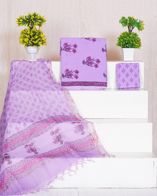 Pure Cotton Unstitched Suit With Pure Kota Doria Dupatta With Jari Border