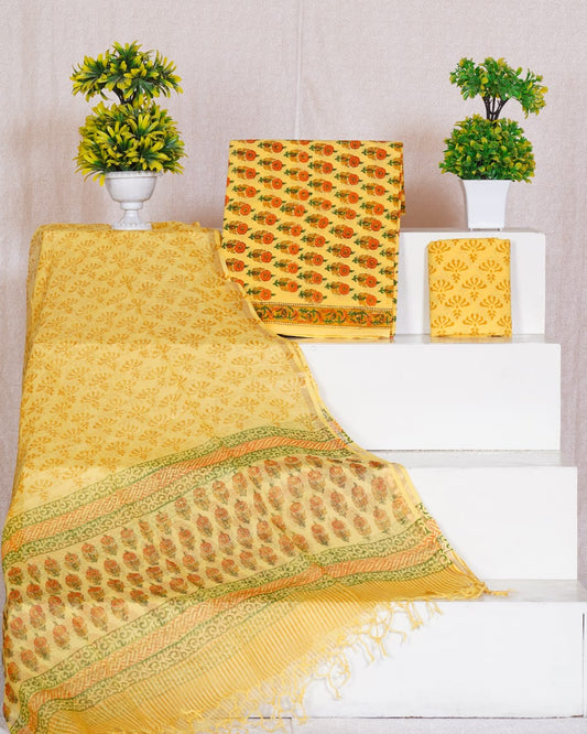 Pure Cotton Unstitched Suit With Pure Kota Doria Dupatta With Jari Border