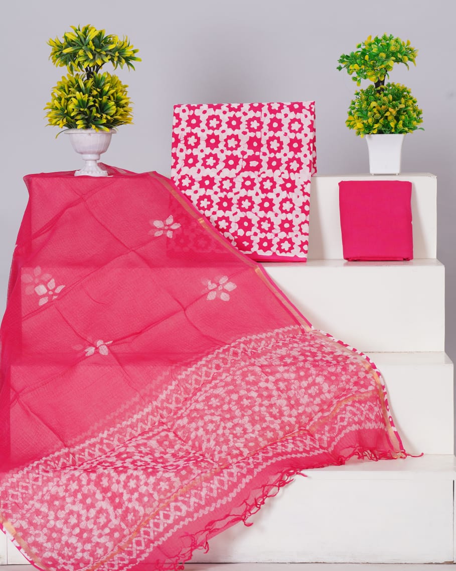 Pure Cotton Unstitched Suit With Pure Kota Doria Dupatta With Jari Border