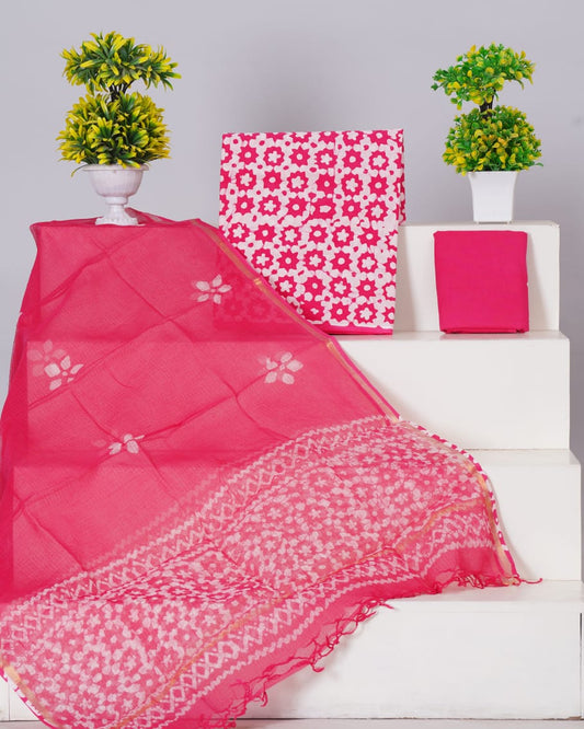 Pure Cotton Unstitched Suit With Pure Kota Doria Dupatta With Jari Border