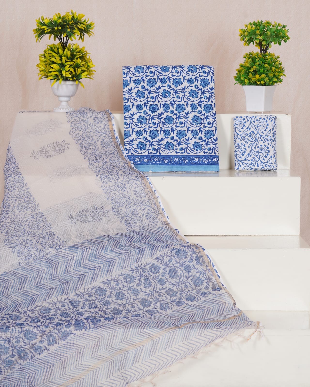 Pure Cotton Unstitched Suit With Pure Kota Doria Dupatta With Jari Border