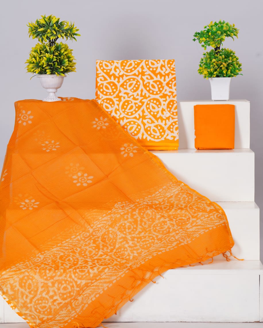 Pure Cotton Unstitched Suit With Pure Kota Doria Dupatta With Jari Border