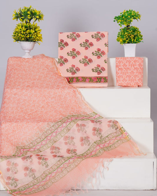 Pure Cotton Unstitched Suit With Pure Kota Doria Dupatta With Jari Border